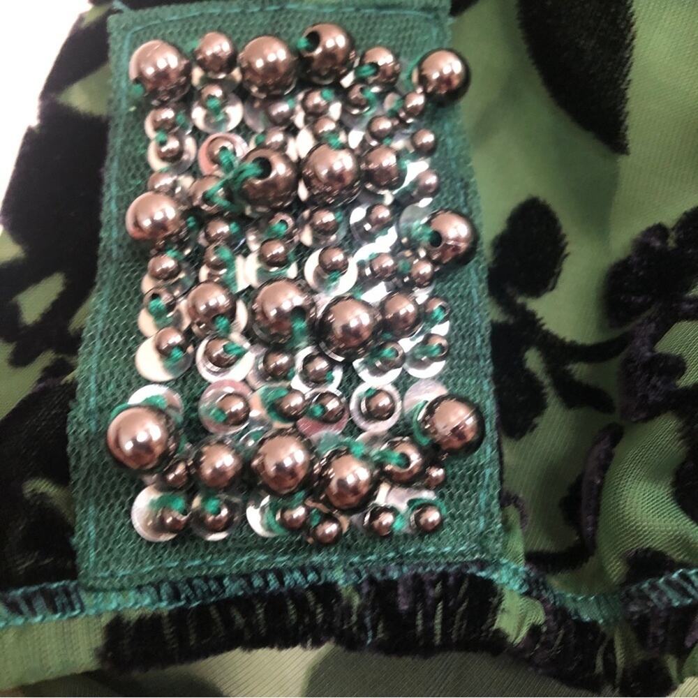 Awake Couture Green Black Velvet Velour Floral Flutter Sleeve Blouse Top Large - Picture 5 of 8